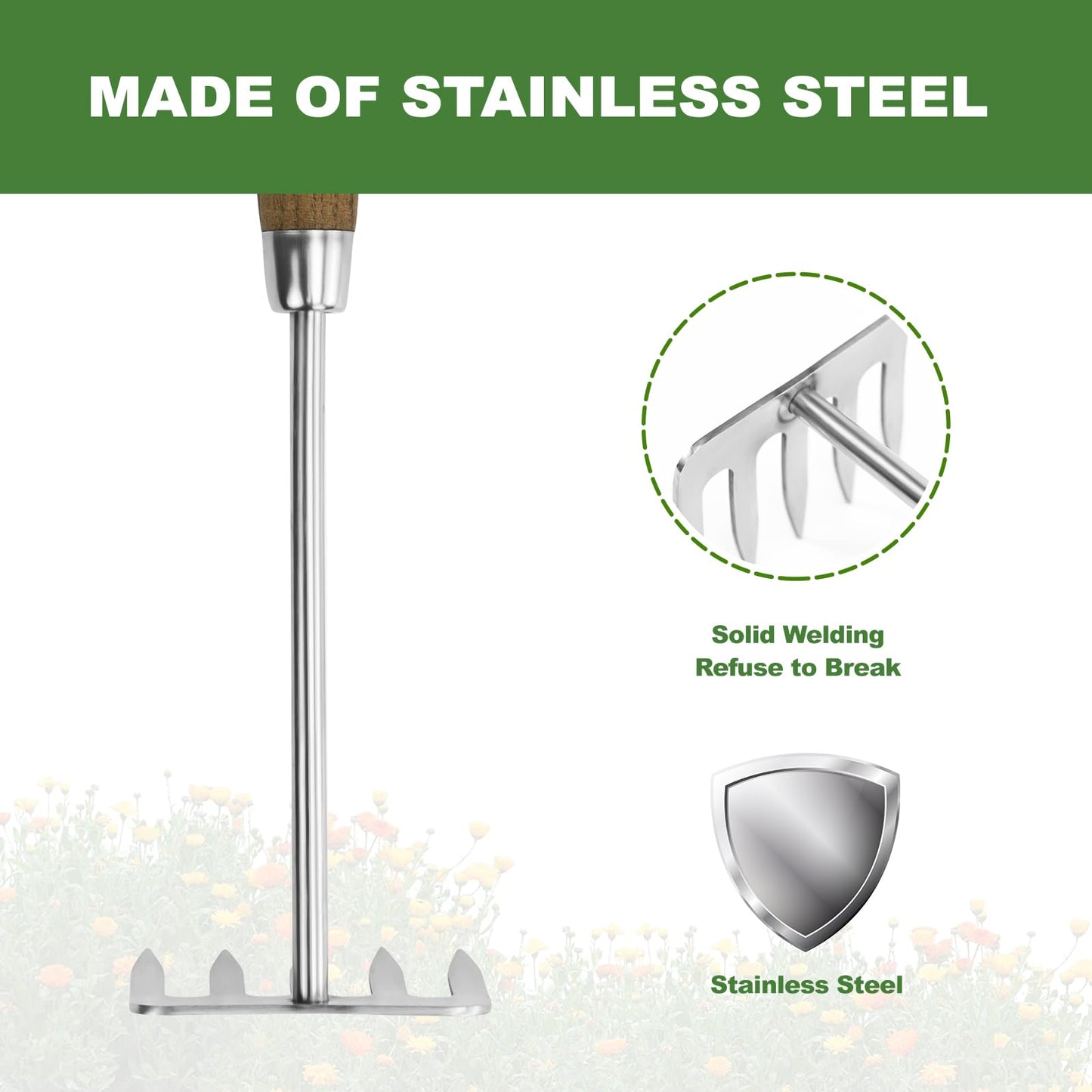 Haliaeetus Hand Rake Garden Tool, Stainless Steel Small Rake for Raking Leaves in Flower Beds, 5 Tines Hand Tiller Make Loosening Soil A Snap, Hand Cultivator with Comfortable Handle for Quick Weeding