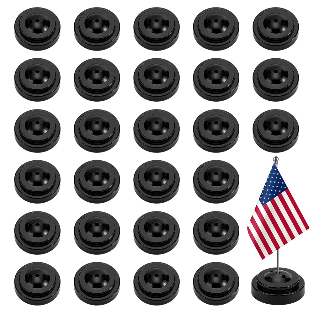 AHANDMAKER 30 Pcs Mini Flag Stand 3 Hole Small Desk Flag Base Desktop Tabletop Stand for Company Office Wedding Party Decorations Classroom Events Patriotic Holidays Display, Black 2.46 Inch