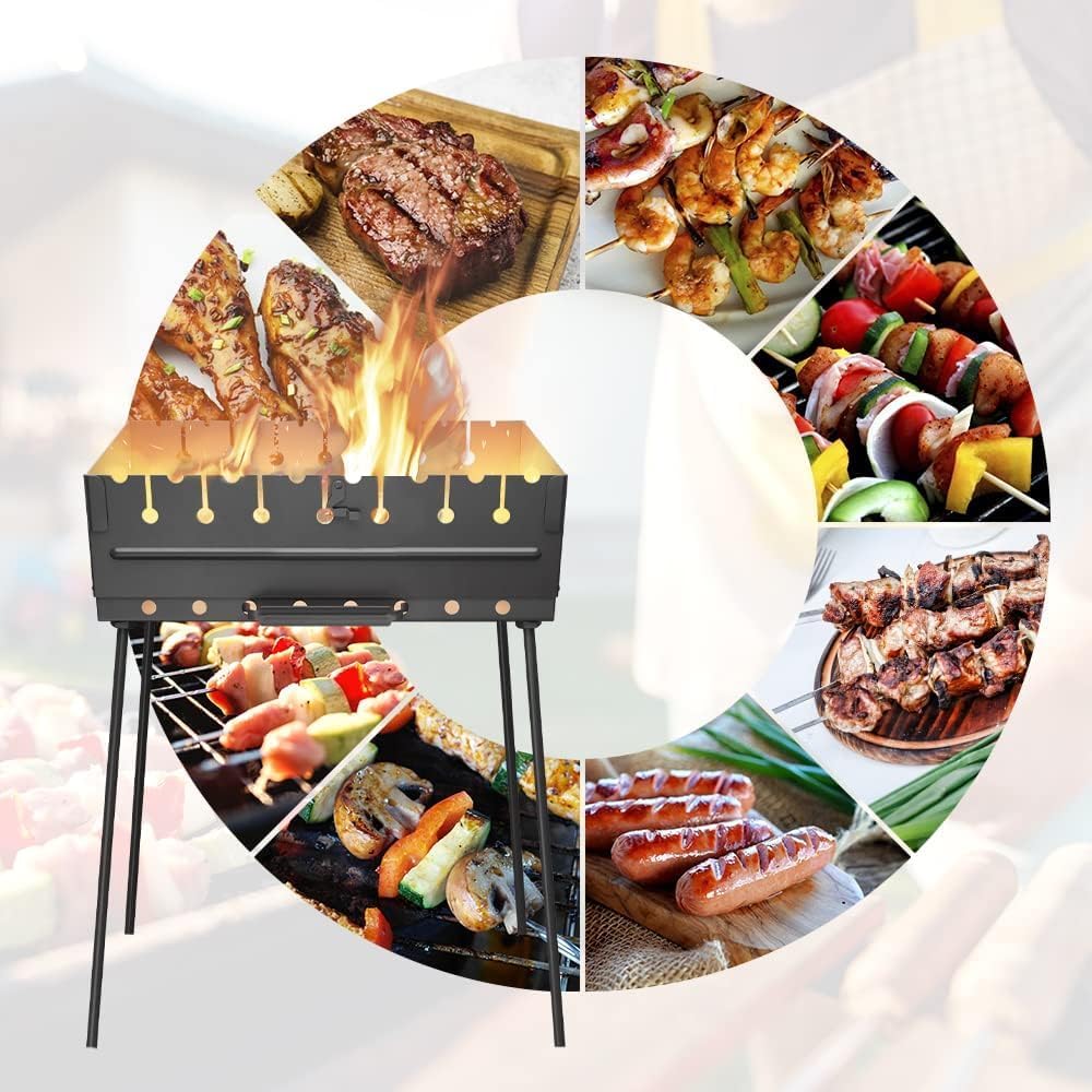 MHH Charcoal Grill for 8 Skewers - Portable Barbecue 16.9""×11.8""×16.9"" Kabob Camp Grills - Foldable Metal Mangal - Kebab Shish - BBQ for EDC Picnic Outdoor Cooking (Skewers Not Included)