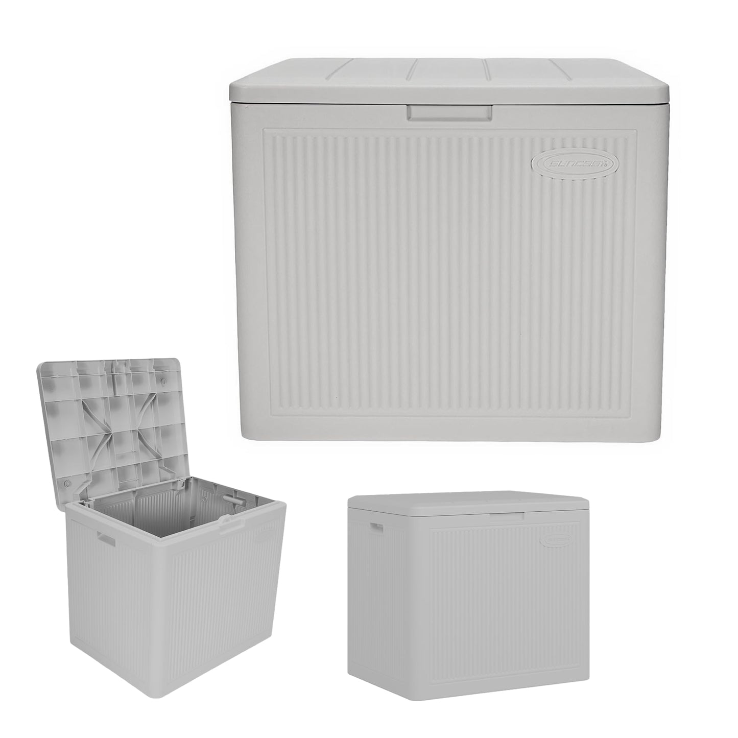 Suncast 22-Gal. Resin Small Outdoor Patio Deck Box with Reeded Design, Modern Outdoor Patio Bench/Storage Box for Cushions, Garden Tools, and More, French Gray