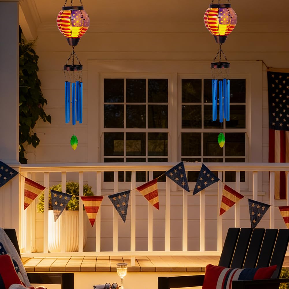 Solar Wind Chimes for Outdide,American Flag Solar Hot Air Balloon Wind Chime with Flame Flickering Light,Glass Windchimes with 5 Thicken Tubes,4th of July Decorations for Garden