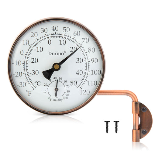 Dunuo 4" Brass Outdoor Thermometer with Humidity, Analog Wall Mount Temperature Gauge, Decorative for Patio, Garage, House, Greenhouse, Window, Antique Bronze, No Battery