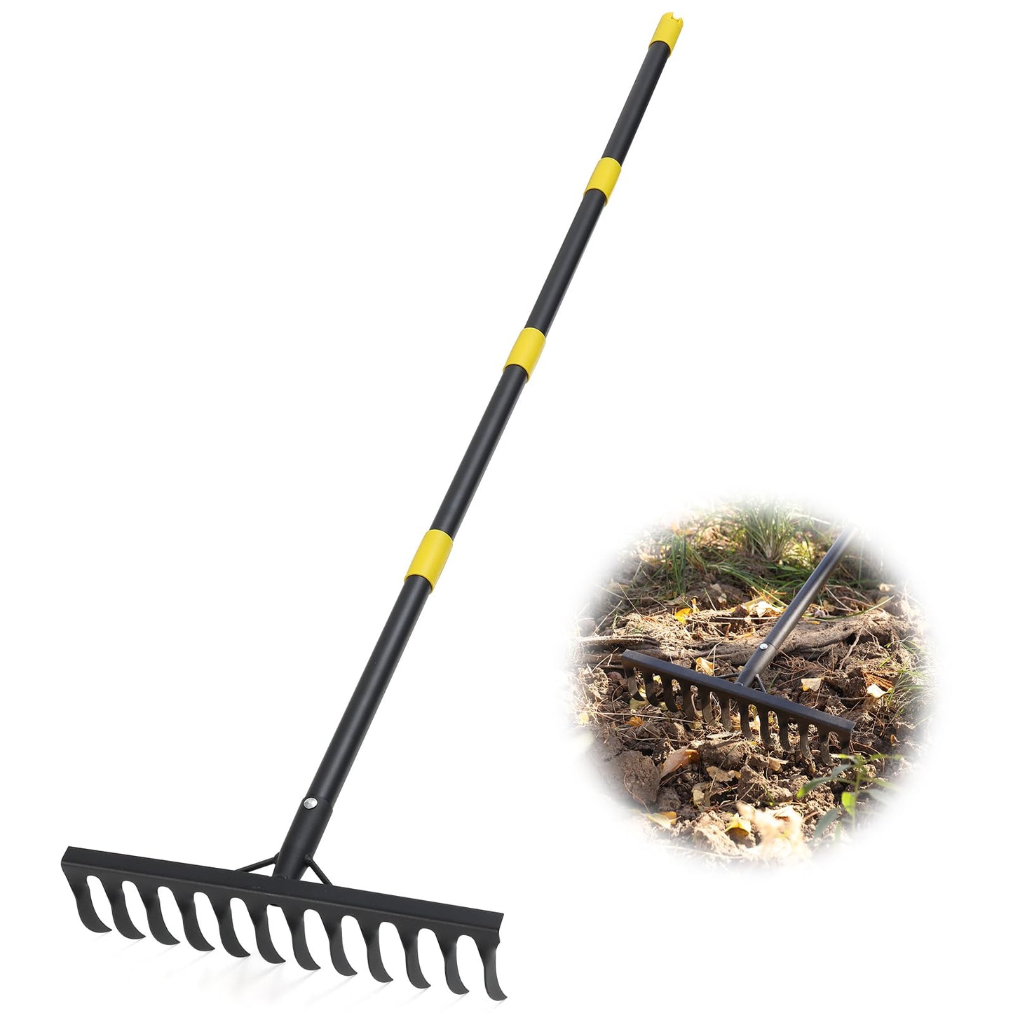 Garden Rake Heavy Duty, 74 Inch Metal Rake with 12 Tines, Bow Rake with Long Handle for Loosening Soil Leveling Lawn Farming Land, Black