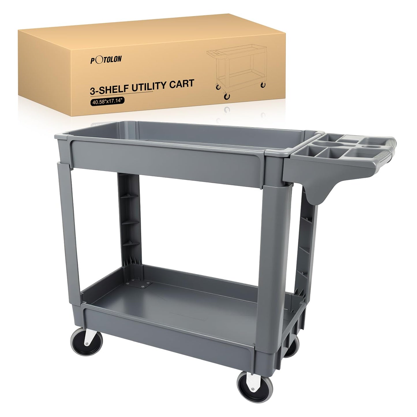 POTOLON Heavy Duty 2-Shelf Plastic Utility Cart - 550 lbs Capacity Rolling Service Cart with 5" TPU Silent Wheels & Integrated Tool Handle - Grey