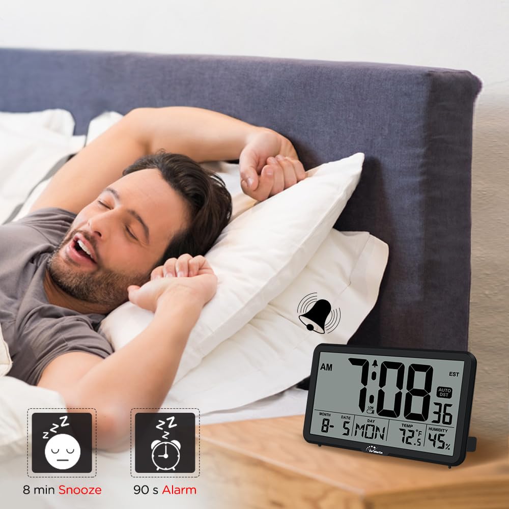 WallarGe Auto Set Digital Wall Clock Battery Operated, Desk Clocks with Temperature, Humidity and Date, Large Display Digital Calendar Alarm Clock for Elderly, Bedroom, Office, 8 Time Zone, Auto DST.