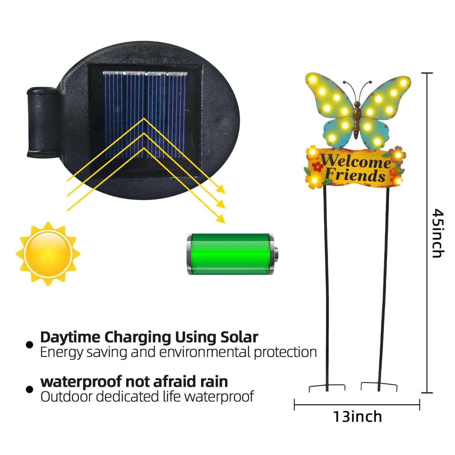 YHSOLAR Decorative Garden Stakes Large 45" with 18 Bulbs Solar String Lights Outdoor Waterproof, Butterfly Solar Lights for Outside with Welcome Friends Garden Sign for Yard, Patio, Pathway