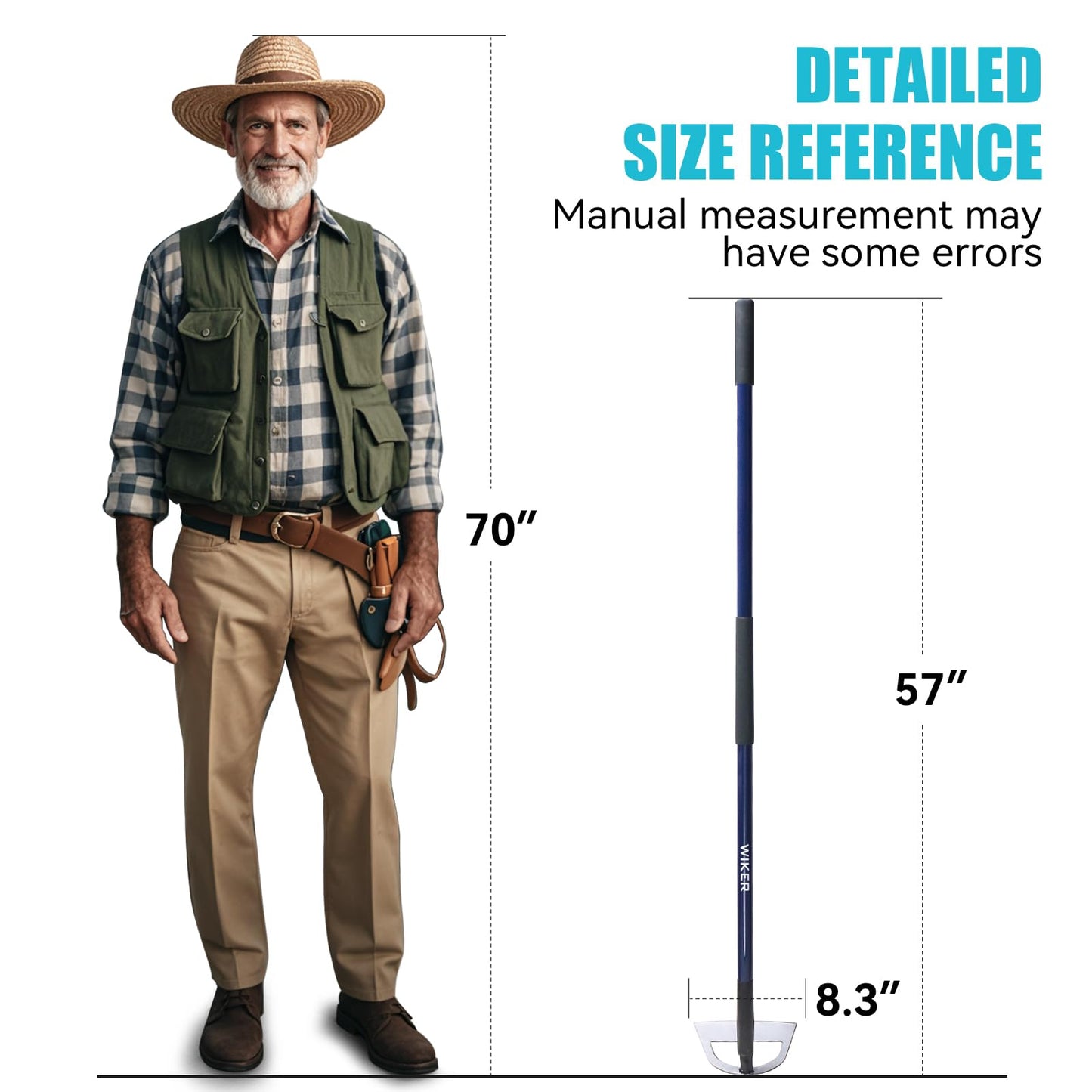 WIKER 57 Inch Professional Garden Hoe, Heavy Duty Weeding Tool with Pre-Sharpened Blade, Fiberglass Long Handle for Effortless Soil Cultivation and Weed Removal
