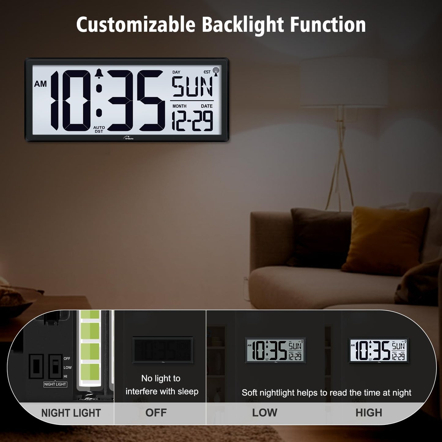 WallarGe 14.5'' Atomic Clock with Backlight, Large Digital Wall Clock Battery Operated, Large Display with Temperature and Date, Easy to Read and Set Digital Wall Clock, Auto DST