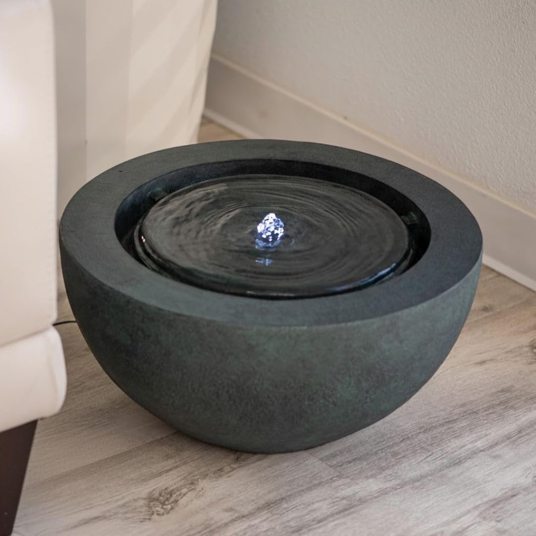 XBrand 19.8" W Round Sphere Water Fountain Indoor Outdoor with LED Light, Polyresin Bubbler Feature for Patio Garden Yard Home Décor, Dark Green