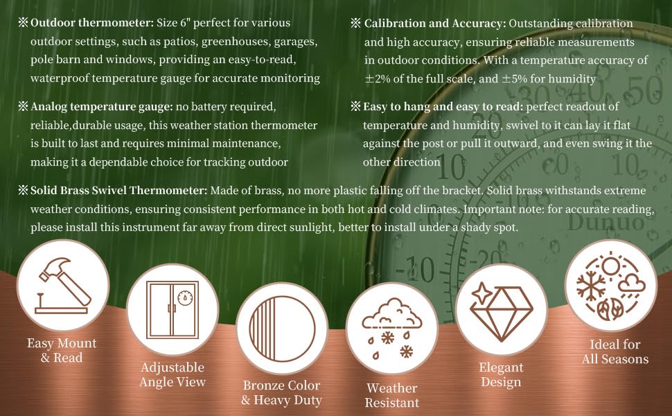 Dunuo 6" Outdoor Thermometer for Greenhouse, Garage and Patio. Weatherproof & Decorative Outside Temperature Gauge for Window, Antique Copper with Humidity (Easy-Read Brass Swivel Design)