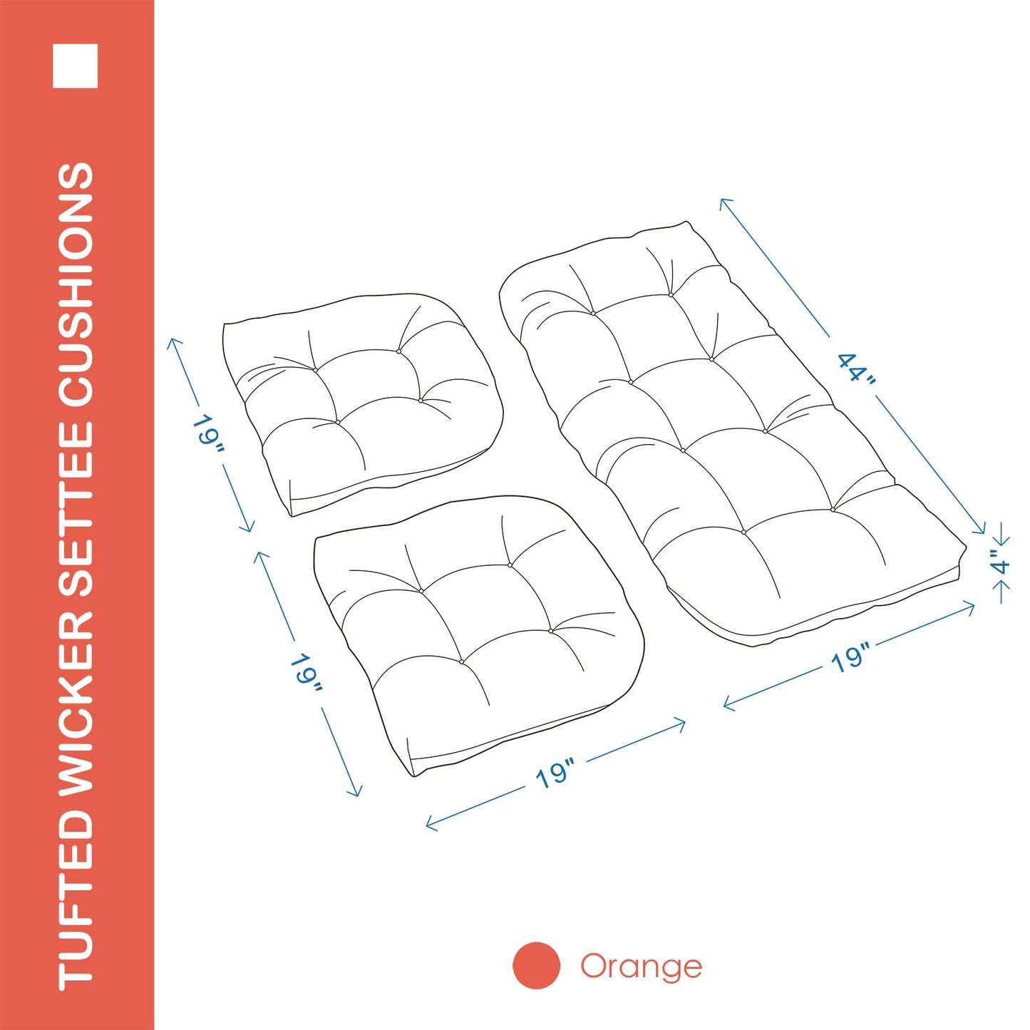 YOOZEKU Outdoor/Indoor All Weather Tufted Wicker Chair Cushions of 3 Pieces, 1 Loveseat and 2 U-Shape Waterproof Cushions for Patio Furniture,Wicker Loveseat,Bench-Orange