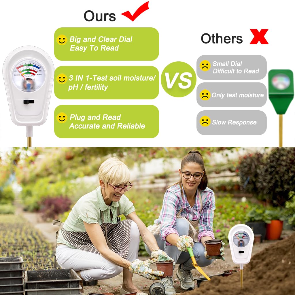 Aenncci Soil Test Kit, 3-in-1 Soil PH Meter, Soil Moisture Meter, Fertility Soil Tester, pH Meter for Soil, Soil Tester for Garden, Farm, Lawn, Indoor & Outdoor Use