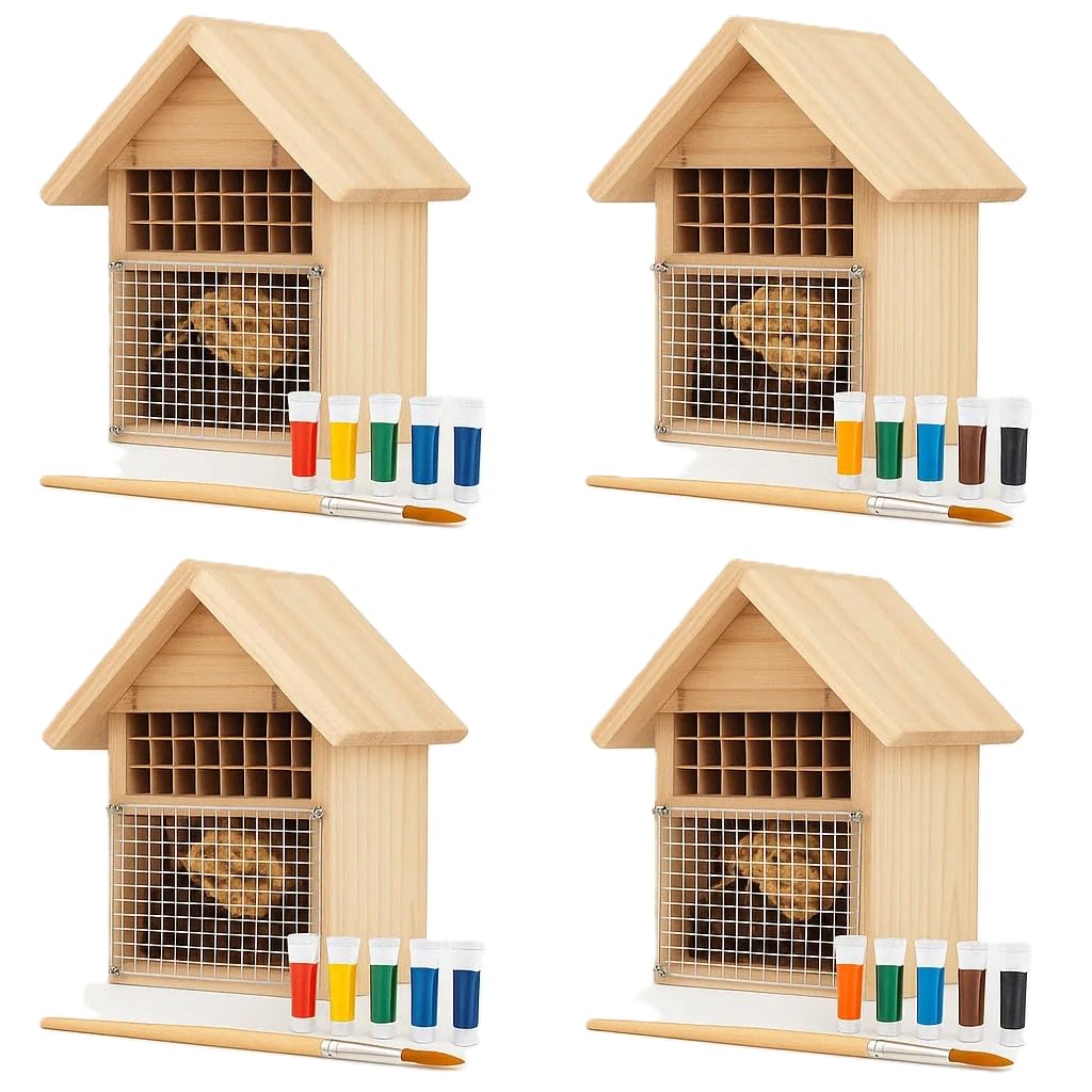 CEDAR ALPHA 4 Pack DIY Insect Hotel Kit, Backyard Insect House, Solid Wood 5.9"x 7.7"x 4.7", UVcoating Painted, Bee House, Nesting Habitat Shelters, Garden Shelter for Bees, Butterflies, Bugs