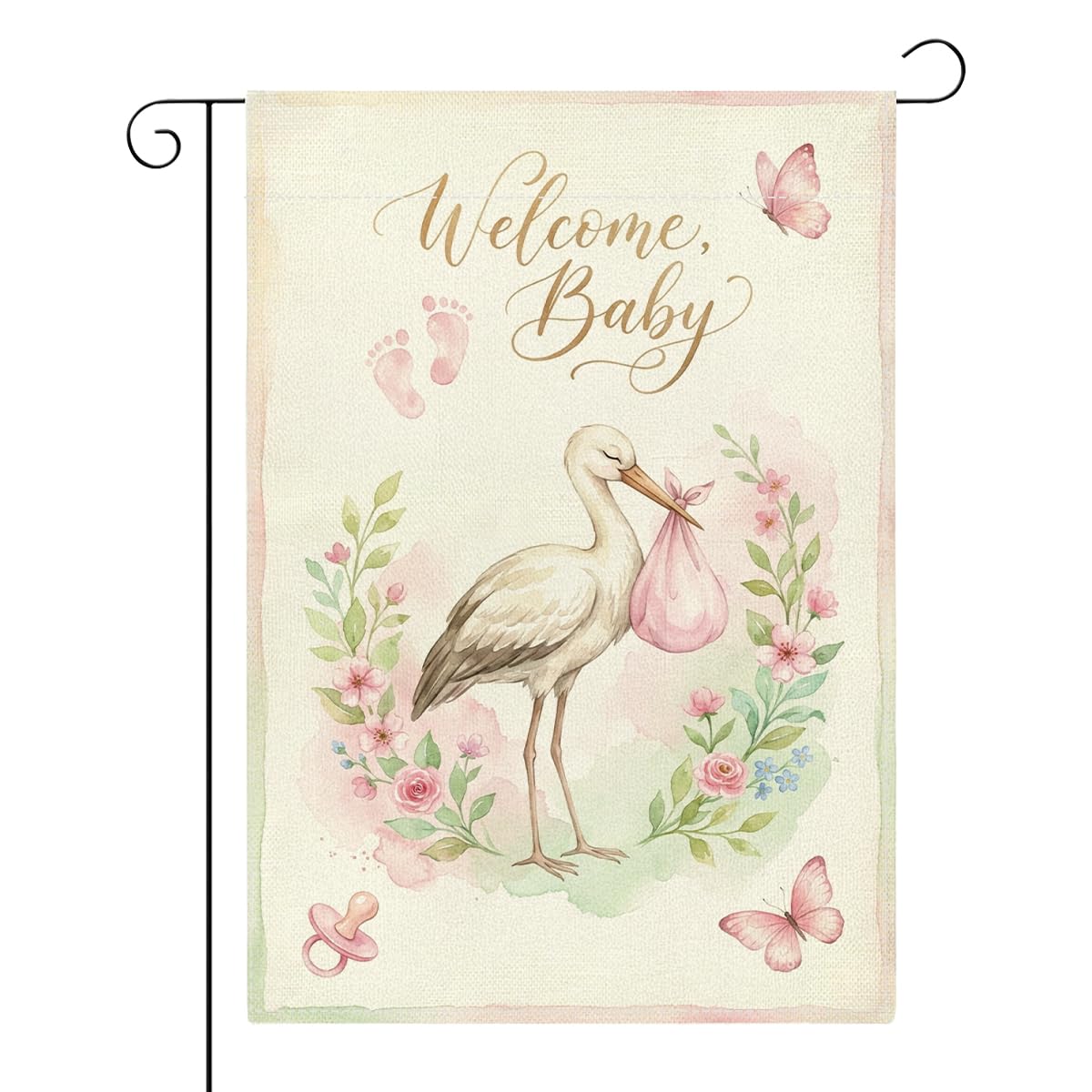 Welcome Home Baby Girl Garden Flag Pink Flroal Its A Girl Announcement Yard Decor Sign Small Double Sided Burlap Gender Reveal Newborn Baby Shower Garden Flag for Outside Yard 12 x 18 Inch