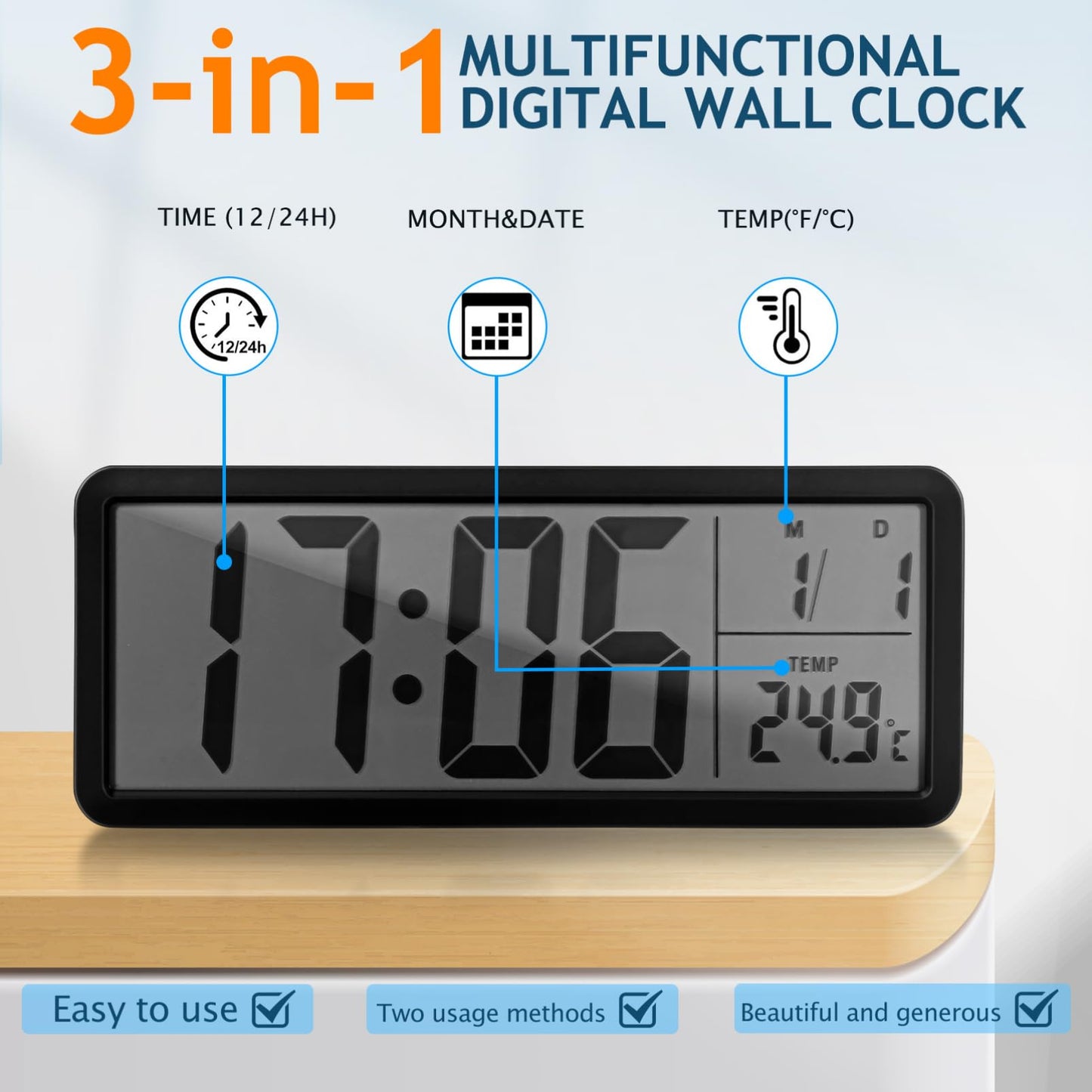 Cabilock Digital Wall Clock Battery Operated: Wall-Mounted LCD Display Clocks with Date Temperature, 12/24hr Silent Bedside Clock for Office Home Living Room Bedroom Kitchen