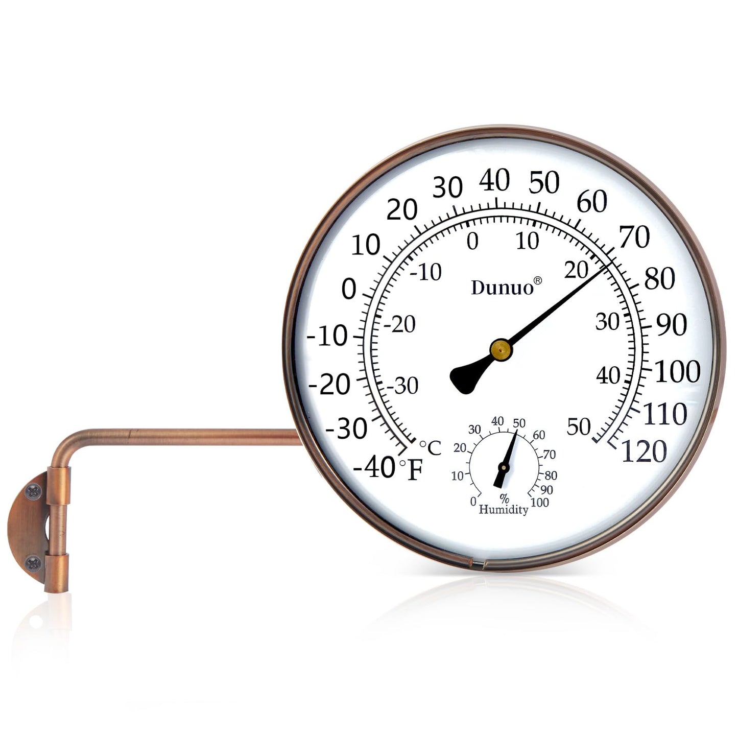 Dunuo 6" Outdoor Thermometer for Greenhouse, Garage and Patio. Weatherproof & Decorative Outside Temperature Gauge for Window, Antique Copper with Humidity (Easy-Read Brass Swivel Design)