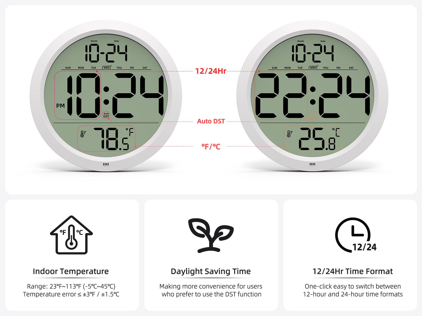 Digital Wall Clock with Date, Indoor Temperature, Auto-DST, Battery-Operated Digital Clock, 8 Inch Small Decorative Wall Clock for Bedroom, Living Room, Home, Kitchen, Office, Modern, Electric, Simple