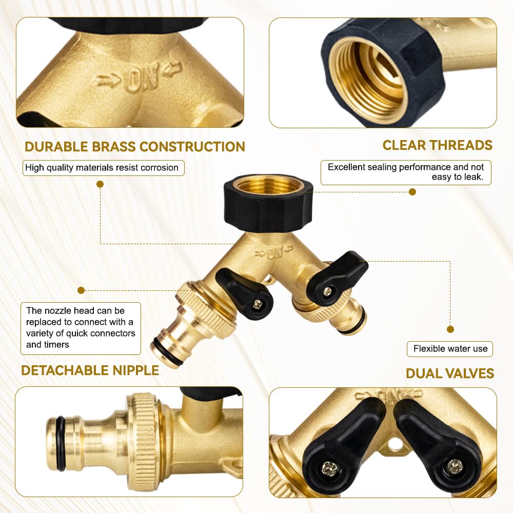 TMOK Garden Hose Splitter 2 Way With 2 Brass Nipple Connector,Heavy Duty Brass Hose Connector Tap Splitter, Y Splitter 2 Valves And Outdoor Faucet with 4 Extra Rubber Washers