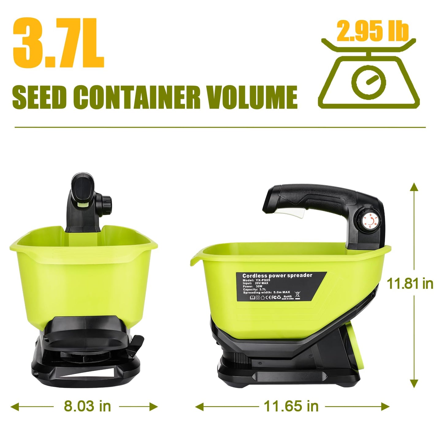 Philophca Salt Spreader for Ryobi 18V Battery, Seed Spreader Handheld Fertilizer Spreader Power Spreader Available Year-Round, Grass Seeds, Rock Salt, 3.7L Large Capacity Hopper(Tool Only)