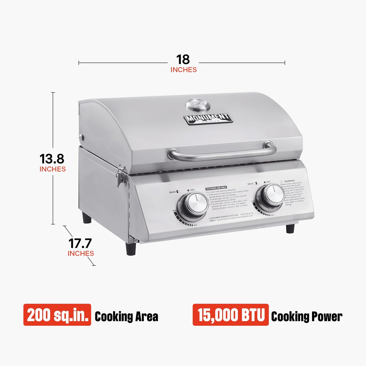 Monument Grills Tabletop Propane Gas Grill for Outdoor Portable Camping Cooking with Travel Locks, Stainless Steel High Lid, and Built in Thermometer