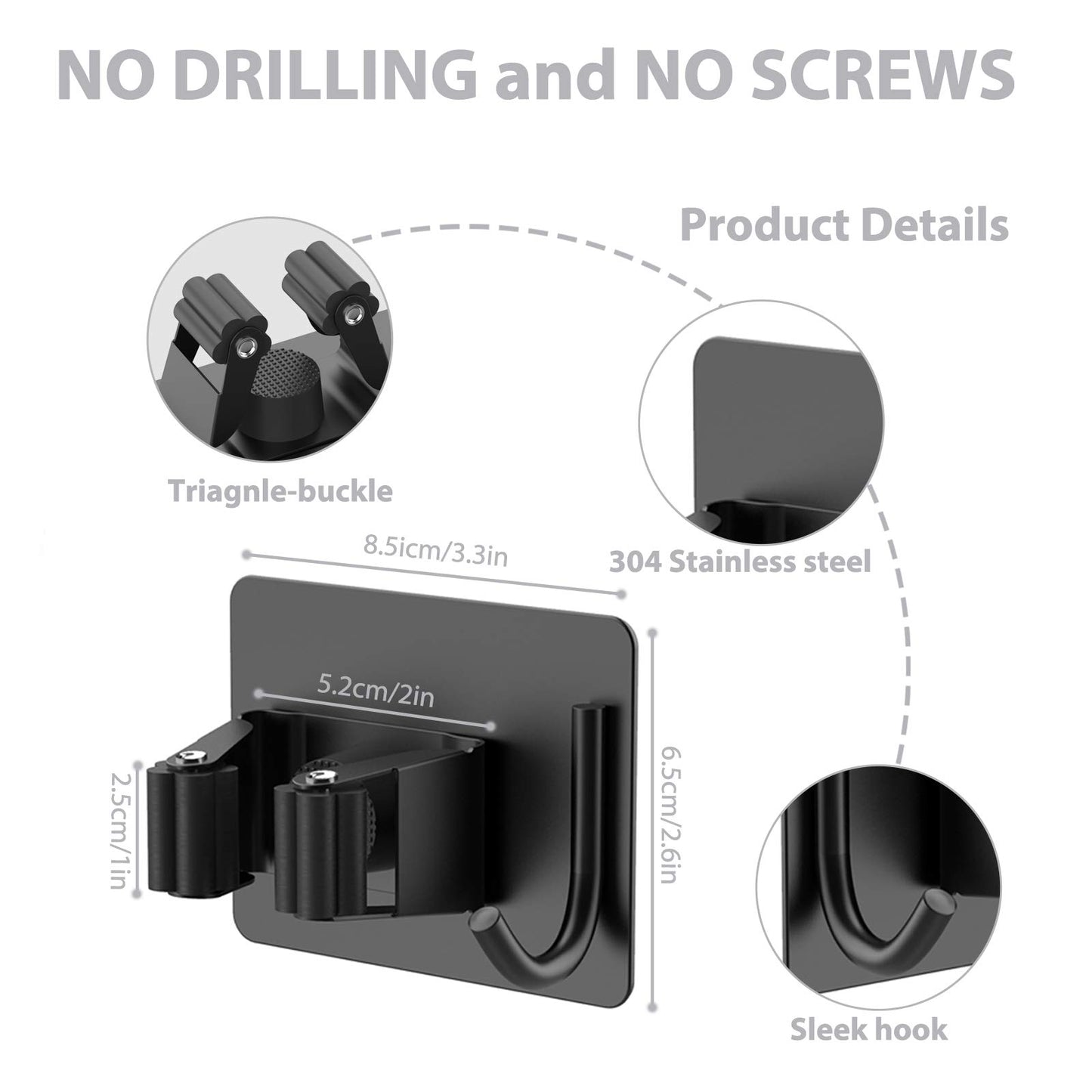 homeasy Mop Broom Holder No Drill, Mop Broom Organizer Wall Mounted Heavy Duty with Hooks Hanger, Self Adhesive Stainless Steel 4Pcs for Bathroom, Kitchen, Office (Black)