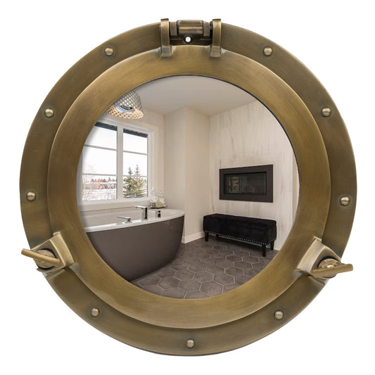 inanosa Brass Porthole Mirror 12 Inch – Antique Brass Porthole Frame, Nautical Wall Decor with Mirror Glass for Coastal & Ship Decor