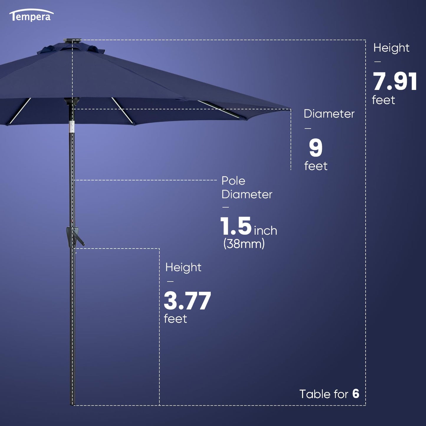 Tempera 10ft Patio LED Umbrella with light | Solar Outdoor Umbrella | Market Table Parasol with Push Button Tilt and Crank, with Sturdy Pole&Fade resistant canopy,Easy to set