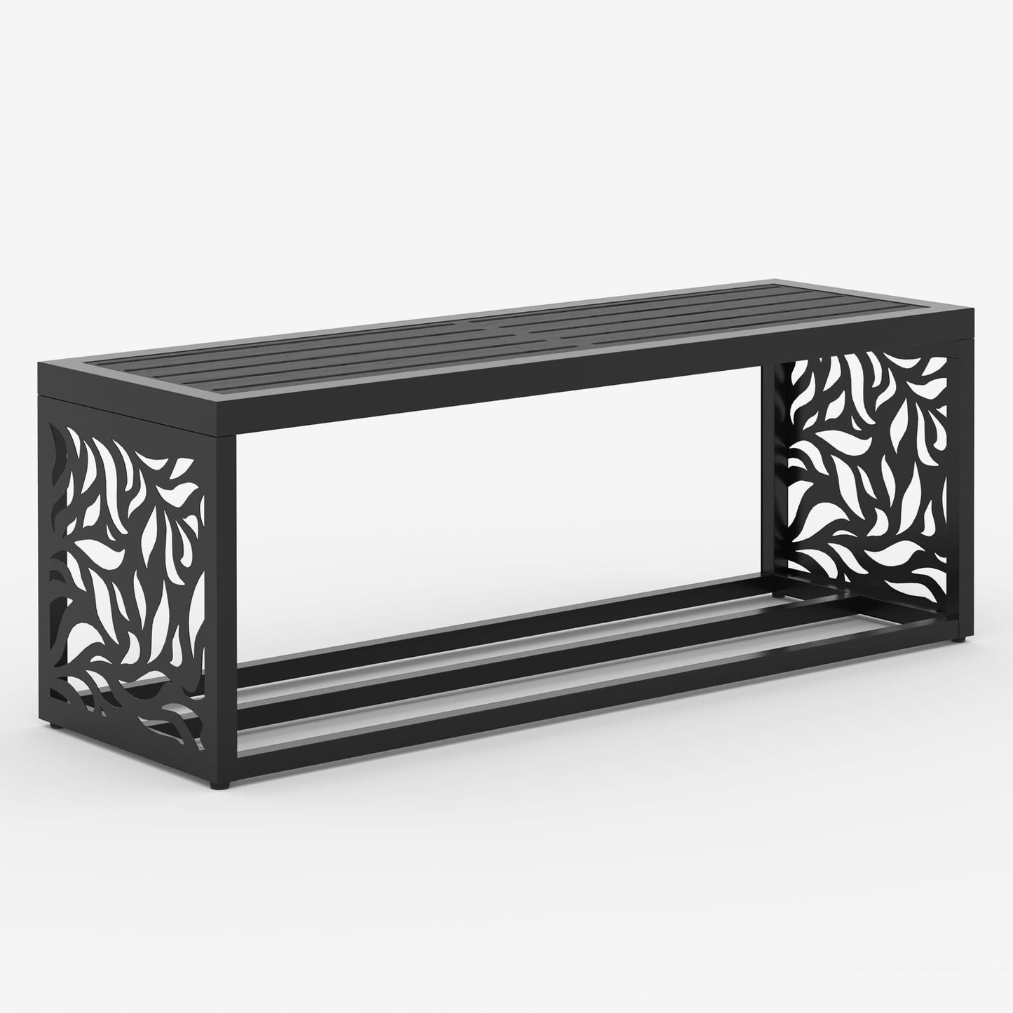Orbotots 47" Outdoor Garden Bench with Storage Shelf, Modern Black Entryway Bench, Wood-Grain HDPE Seat, Galvanized Steel Frame with Powder Coating for Porch, Yard, Patio, Willow Leaf