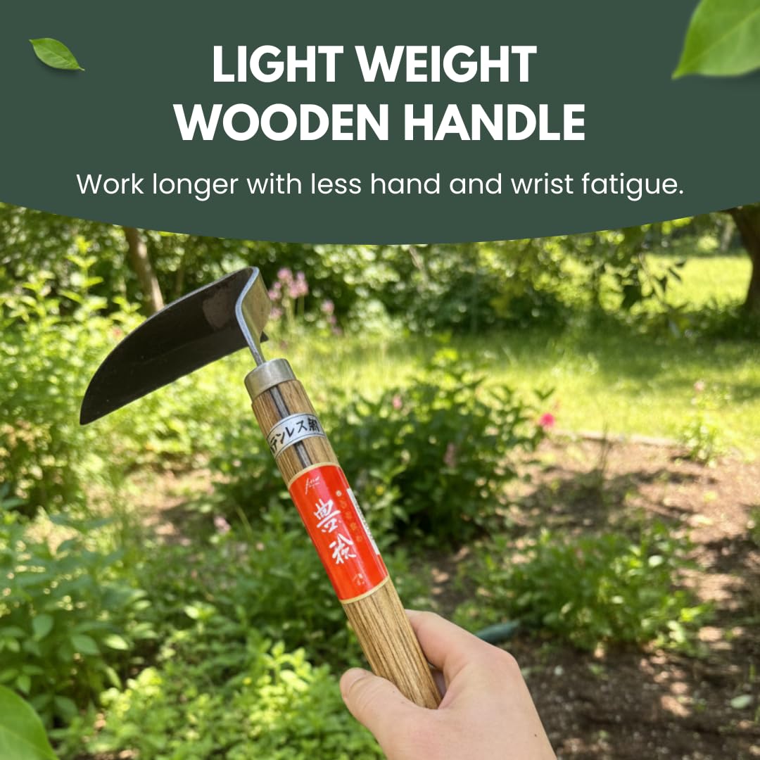 forest Originals Hounen Miyawaki Japanese Weeding Sickle, Twisted Stainless Steel Kama Weeder (4.7 in (12 cm) Blade), 13 in (33 cm) Wood Handle, Root Slicer for Garden Beds & Crabgrass, Made in Japan
