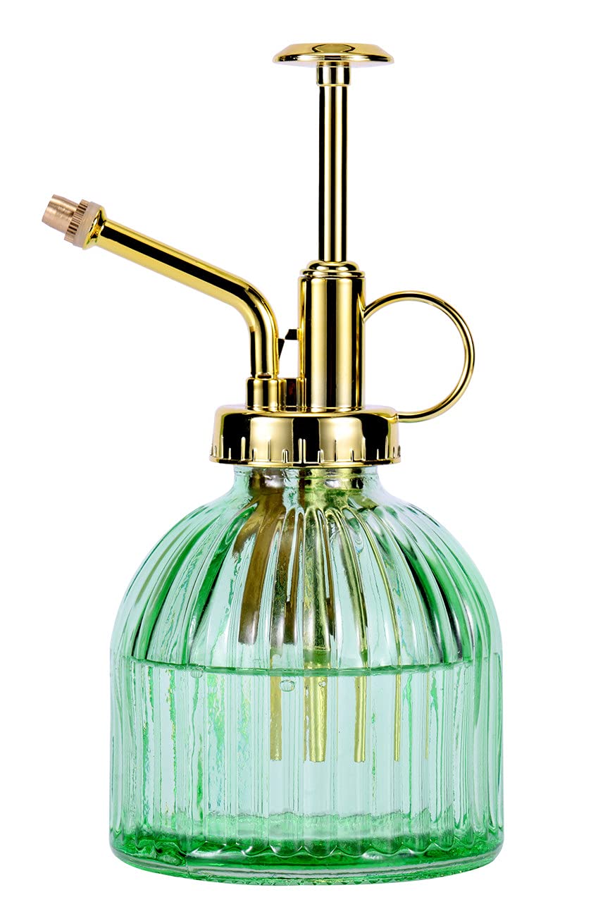 Aebor Glass Plant Mister Spray Bottle, 6.5" Green Glass Water Spray Bottle with Gold Top Pump Small Watering Can, Small Plant Sprayer Mister for Indoor Outdoor House (Green+Gold A)