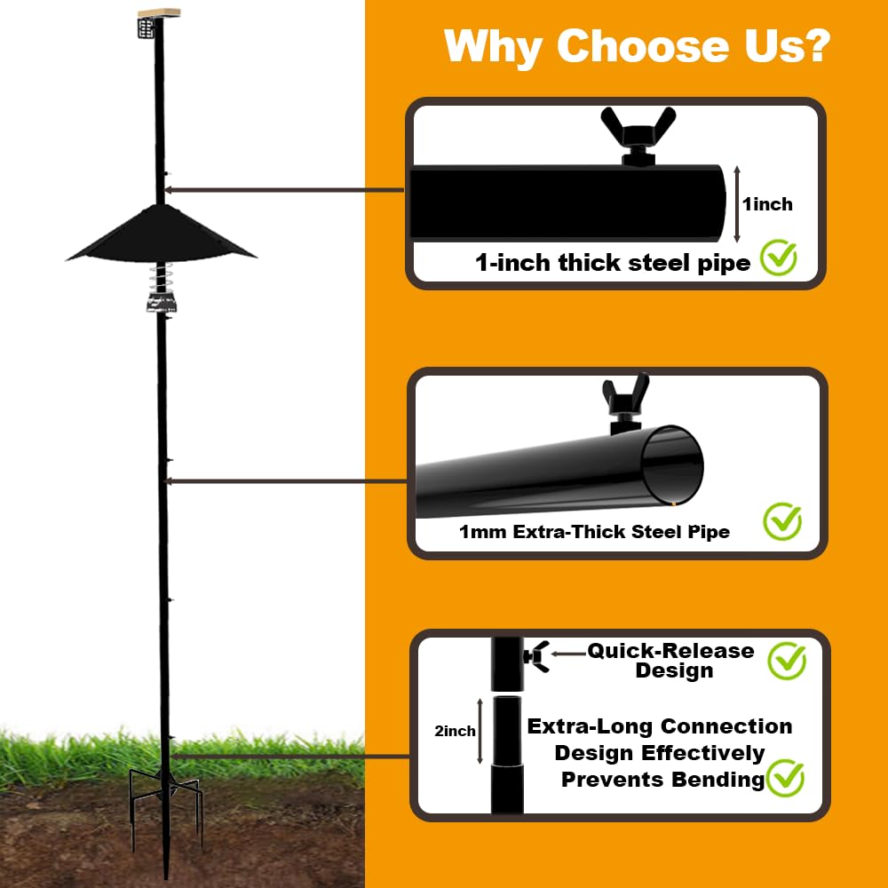Smart Bird Feeder Pole with Metal Squirrel Baffle,92Inches Bird House Poles for Outdoors,1-Inch Dia Heavy-Duty Pole for Bird Feeder,Squirrel Proof Baffle with Stainless Steel Spring for Defense.