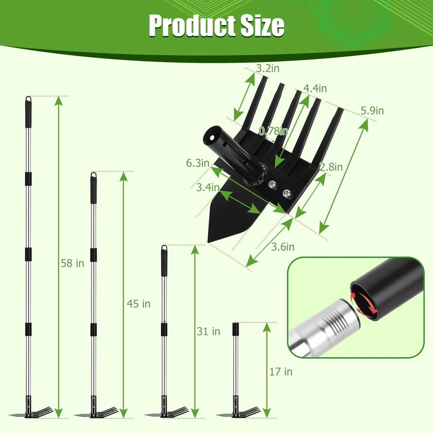 Poiyham 2-in-1 Hoe Garden Tools, 17-58" Weed Puller Tool with Long Handle, Heavy Duty Handle Garden Hoe and Weed Rake, Hoes for Gardening Yards Lawns Gardens Weeding