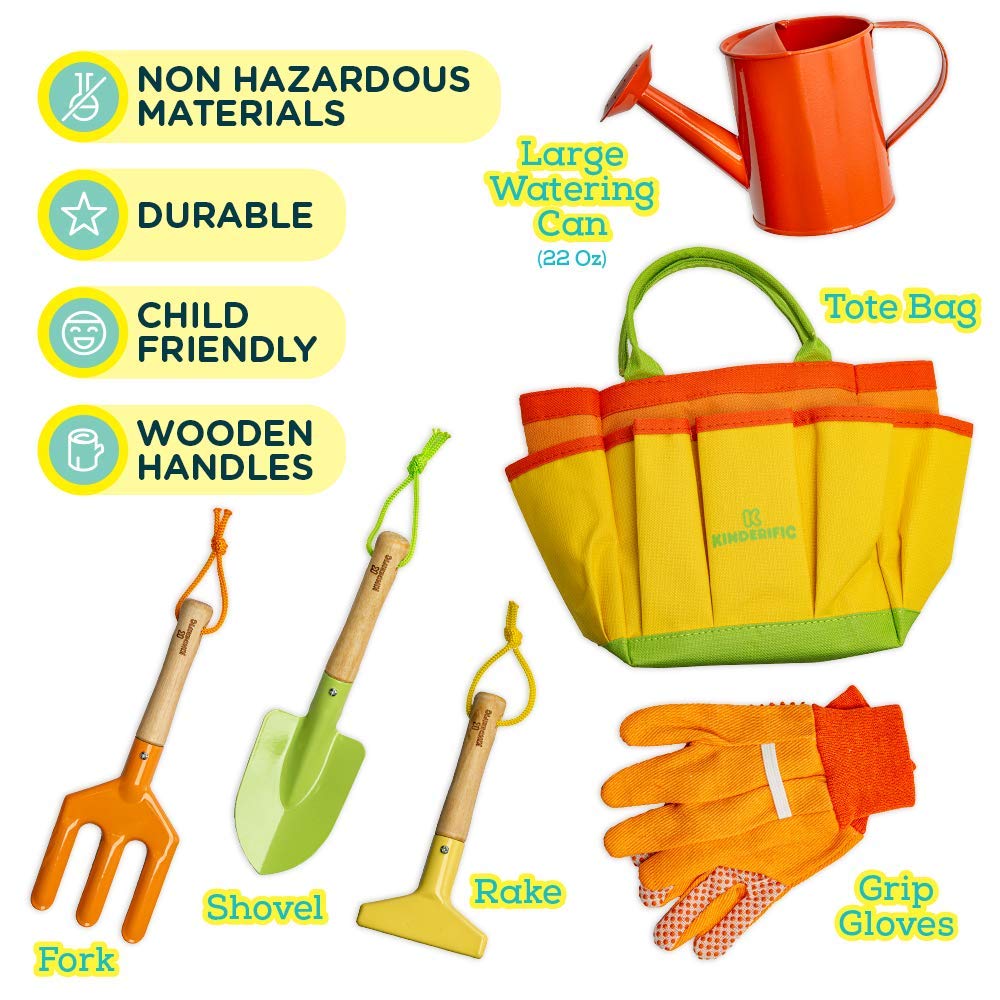 Kinderific Gardening Set, Tool Kit, for Kids, STEM, Includes Tote Bag, Spade, Watering Can, Rake, Fork, Trowel and Gloves (Sunshine)