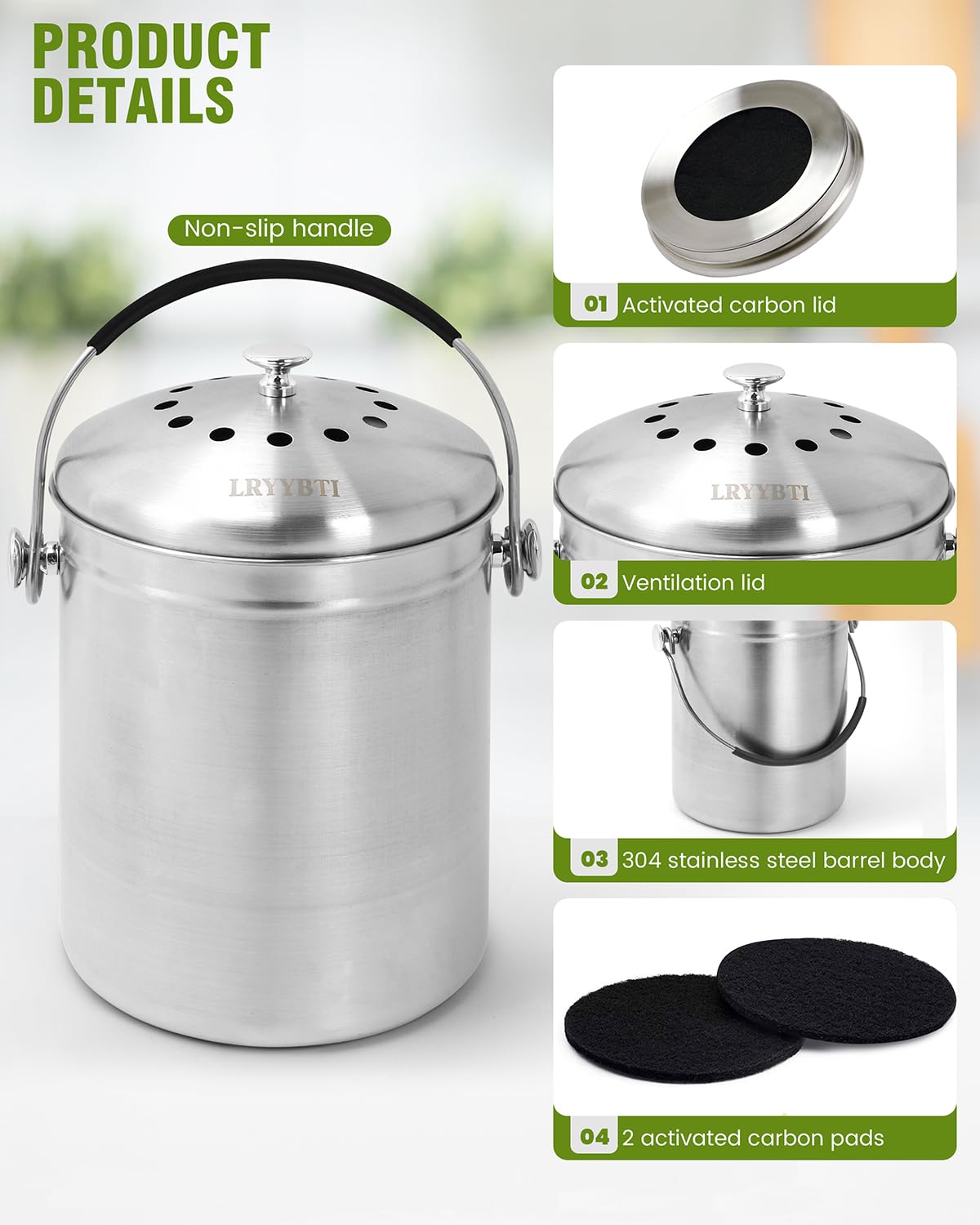 LRYYBTI Countertop Compost Bin Kitchen with Lid and 2 Charcoal Filter for Odorless Composting | Stainless Steel Kitchen Composter with Soft-Grip Handle (Silver, 1.3 Gallon)