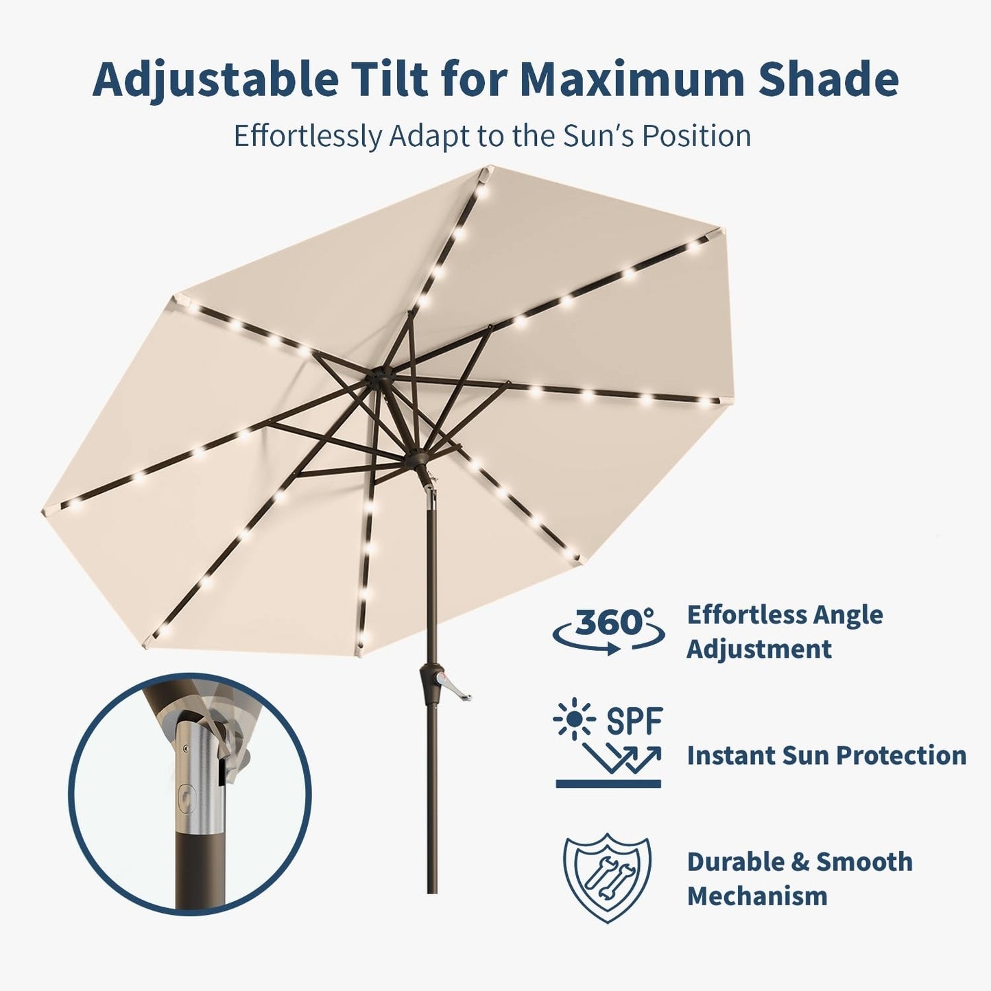 Patio Kingdom 10FT Solar Umbrella 32 LED Lighted Patio Umbrella Table Market Umbrella w/Tilt and Crank, UV-Resistant Outdoor Umbrella for Pool, Garden, Deck, Beige