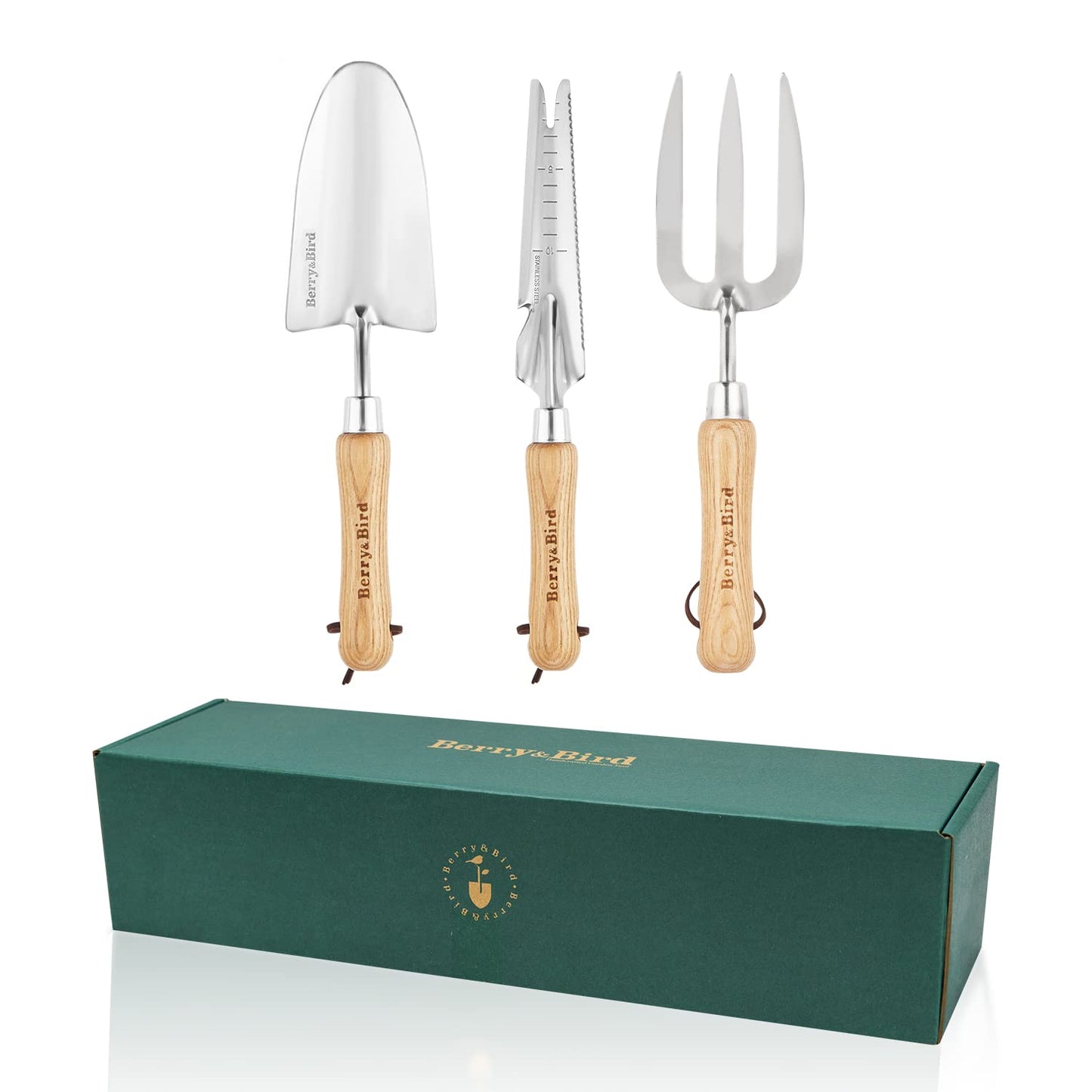 Berry&Bird Gardening Hand Tool Set - 3PCS Stainless Steel Garden Tool Kit Multifunctional Tool with Wooden Handle Trowel, Fork & Weeder for Weeding Planting Transplant, Ideal Garden Gift for Women&Men