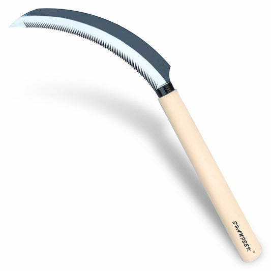 SHANFEEK Grass Sickle with Sawtooth Japanese Weeding Hoe Garden Hand Tool Weeding Tools for Garden High-Strength Steel with Solid Wood Handle (White)
