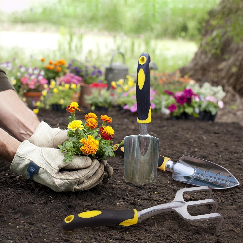 Garden Tool Set, 3 Pcs Heavy Garden Tools, Garden Shovel, Transplant Trowel and Hand Rake with Soft Rubberized Non-Slip Ergonomic Handle for Planting