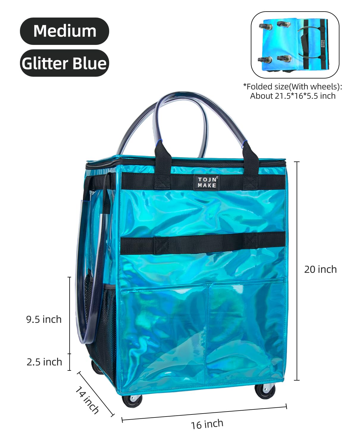 Reusable Grocery Bag On Wheels, Shopping Trolley, Rolling Tote with 8 Pockets and Zipper Cover, Foldable, Heavy Duty Handles, Carries Up to 46 LBS (Medium, Glitter Blue)