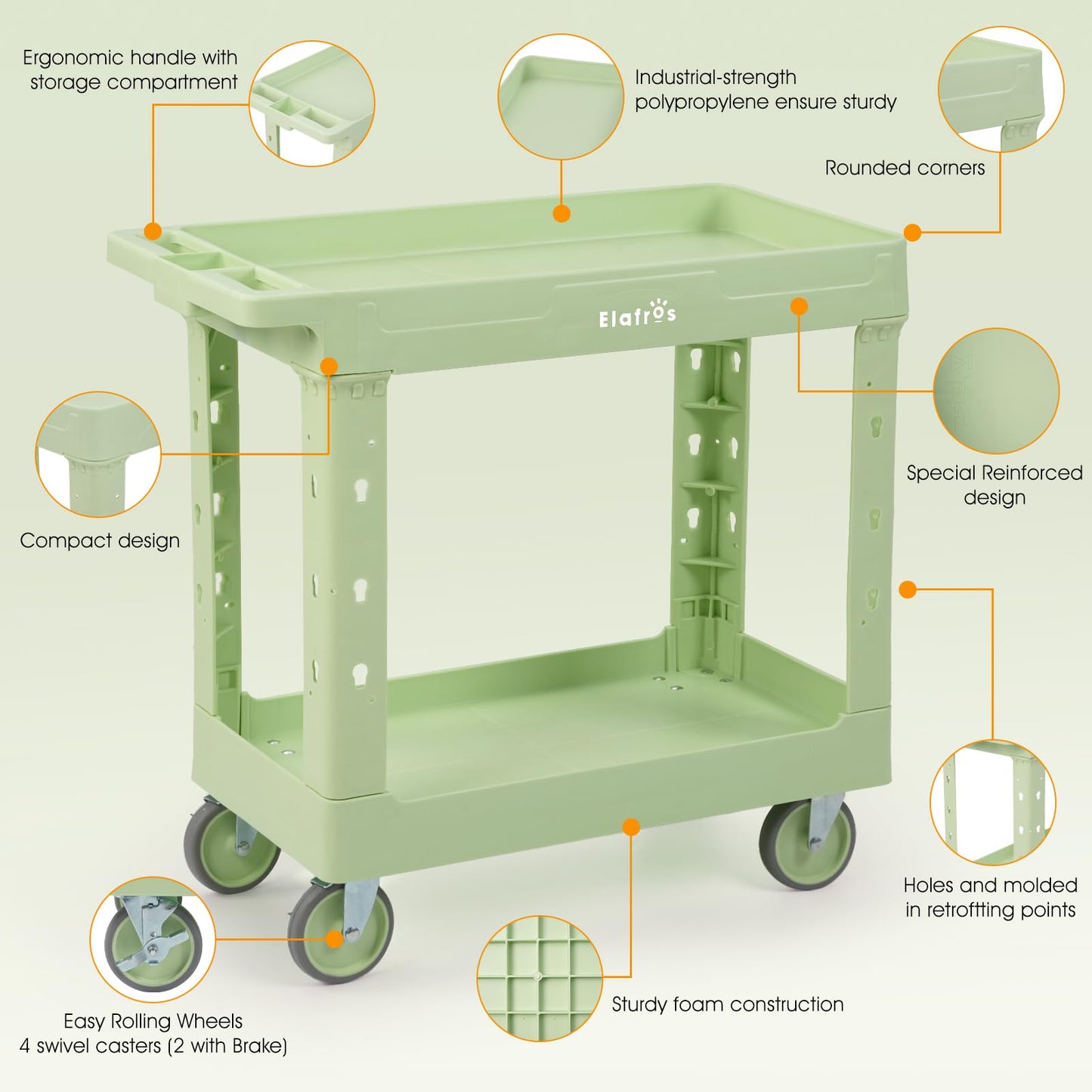 ELAFROS 2-Tier Plastic Utility Cart with Deep Tub Shelves, 34 x 17 in Rolling Work Cart, Swivel Casters, 550 lbs Capacity, Pistachio Green