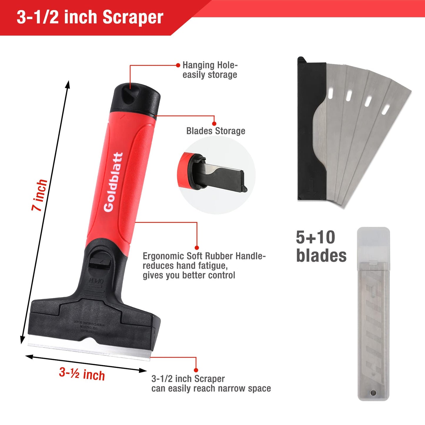 Goldblatt 2 Pieces Glass Scraper Set with 20-piece Blades - 4 Inch Industrial Floor Scraper Tool with Long-Handle, Heavy Duty Razor Holder for Cleaning Caulk, Paint, Glue on Glass, Tiles, Walls