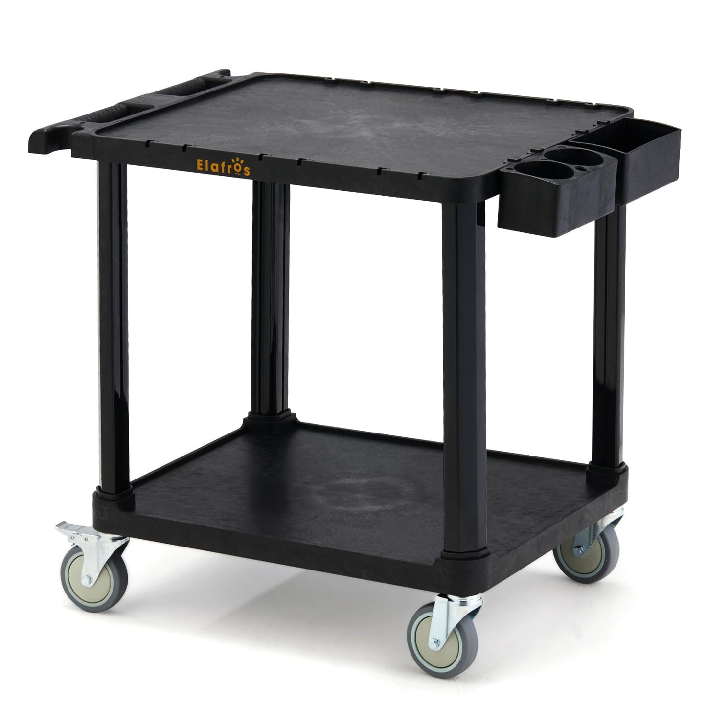 ELAFROS 2-Tier Low Profile Utility Cart, 27.8" x 18" x 26", Deep Shelves, 4” Swivel Wheels with 2 Lockable, Holds up to 330 lbs – Compact Rolling Storage & Service Cart for Office, Home, Garage