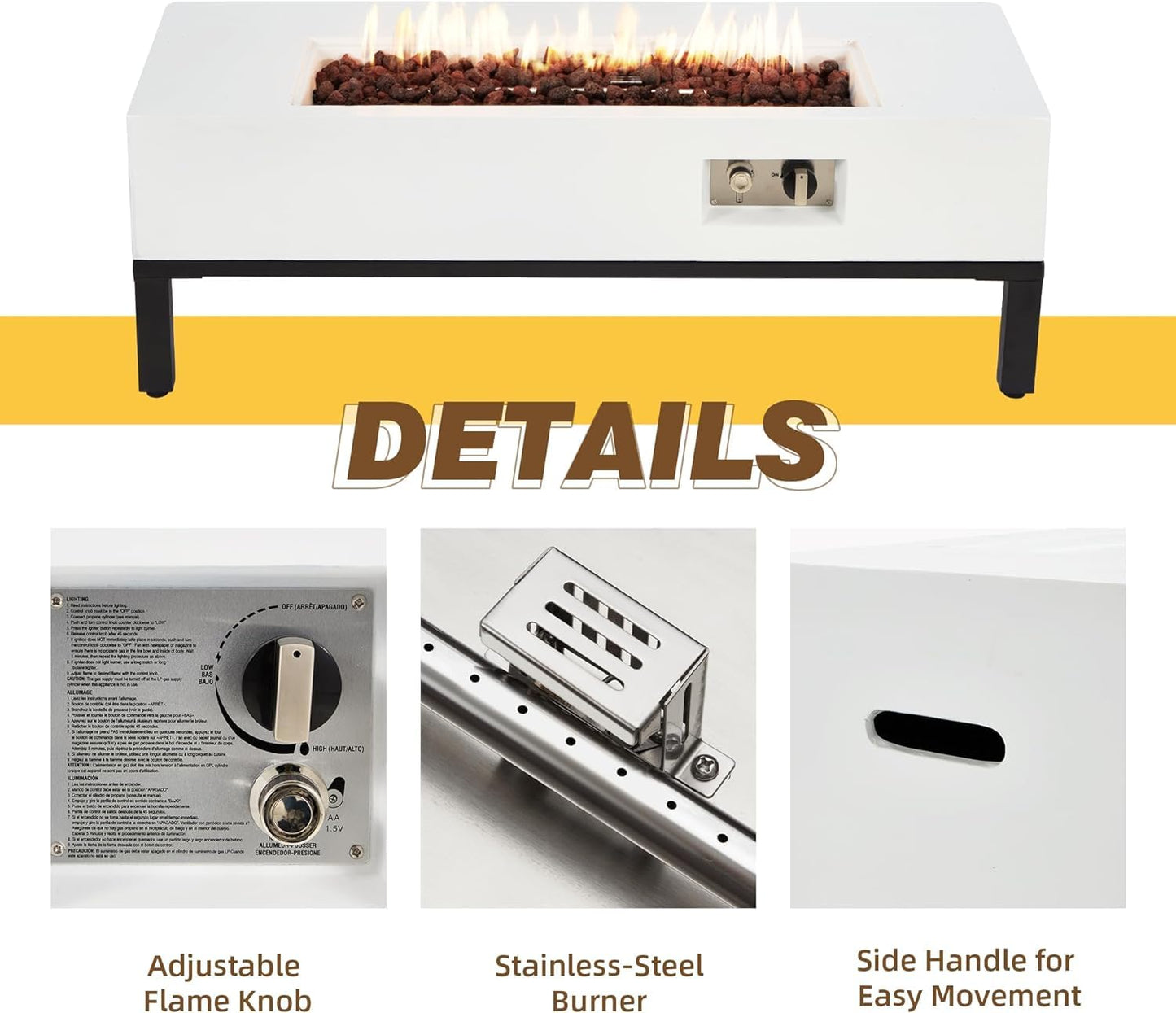 ECOTOUGE Rectangle Gas Fire Pit, 42 ''Outdoor Propane Firepit Table, Concrete Fire Table w/50,000 BTU Auto-Ignition,Shelves, Weather-Resistant Pit Cover, Lava Rocks, No Tank Holder, White