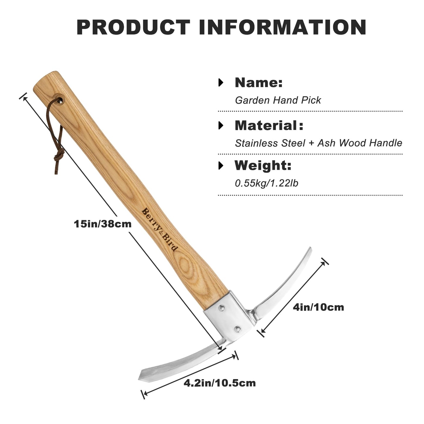 Berry&Bird Gardening Pick Axes, Stainless Steel Pickaxe Mattock Hoe with Wooden Handle, Heavy Duty Pick Axe Hand Tool for Transplanting Digging Planting Loosening Soil Camping or Prospecting