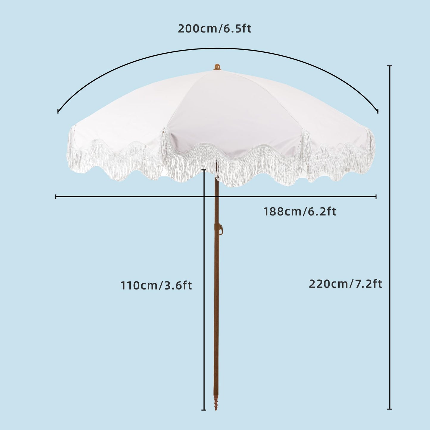 Rayjee 6.5FT Fringe Patio Umbrella, Outdoor Decorative Sun Umbrella for Garden, Deck & Poolside, Tilt Adjustable Shade Umbrella