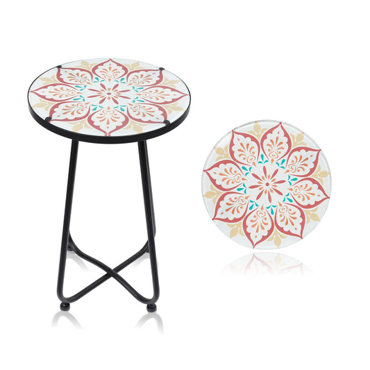VCUTEKA Patio Side Table Outdoor Accent Table Bistro Coffee Table Plant End Table Small Porch Table Indoor Round Glass Balcony Plant Table Stands Khaki Flower 12 inches