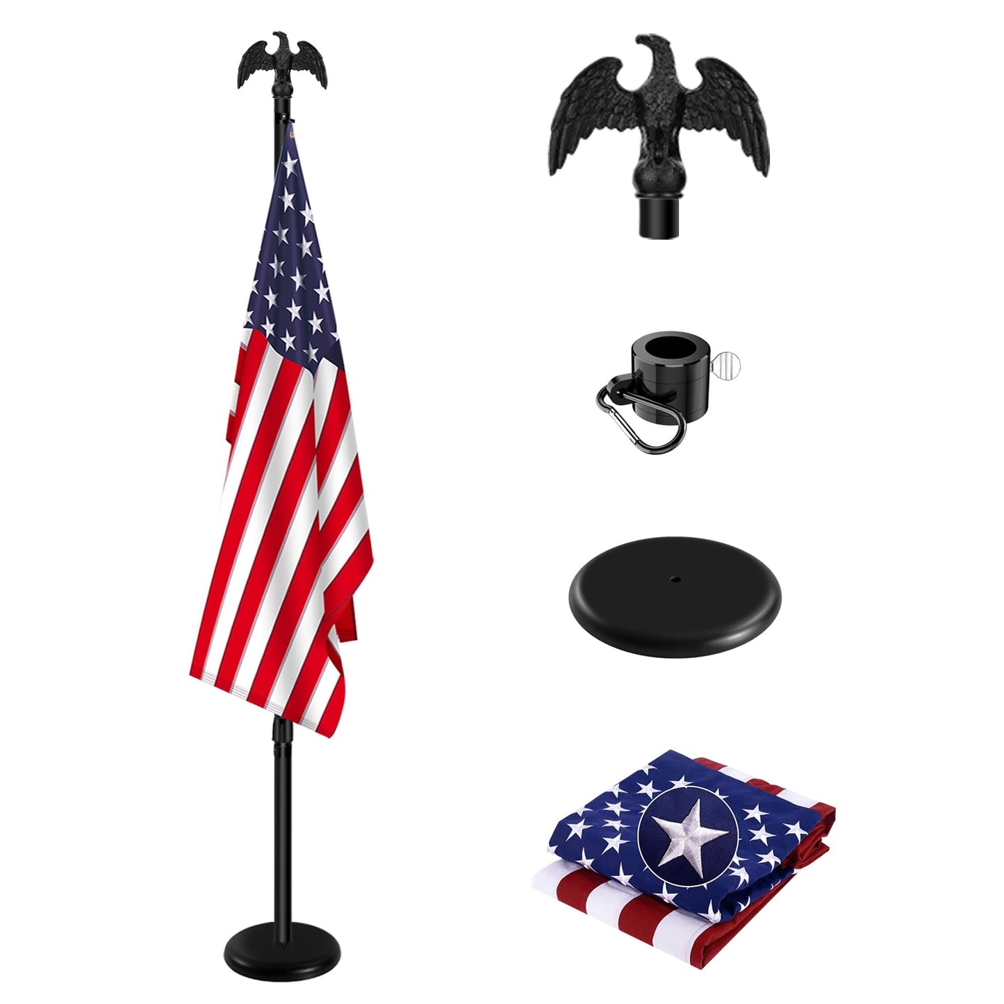 Indoor Flag Pole Kit with Base 6FT-8FT,Aluminum Commercial Indoor Flagpole & 360° Rotating Anti Wrap Ring,Adjustable Heavy Duty Flag Pole Kit for Office School with Black Eagle Topper (1Pack)