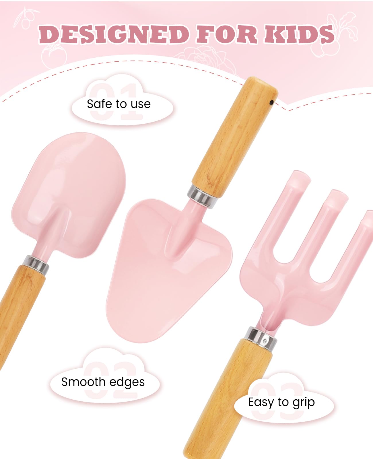 Kids Gardening Set, Gardening Tools Kit for Kids and Toddler, Includes Wooden Rake, Two Shovels, Gloves, Watering Can, Apron, and Tote Bag, Outdoor Toys for Girl Boy, Pink