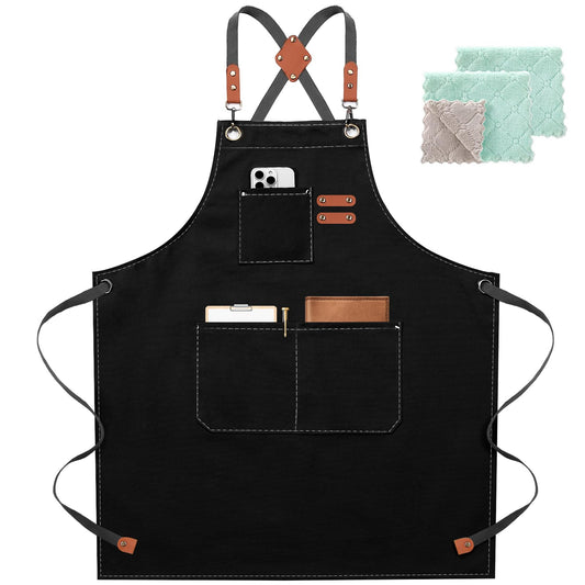 ZOMAO Chef Apron for Women Men with Large Pockets, Cotton Canvas Cross Back Waterproof Work Aprons for Kitchen Cooking Bib (Black)