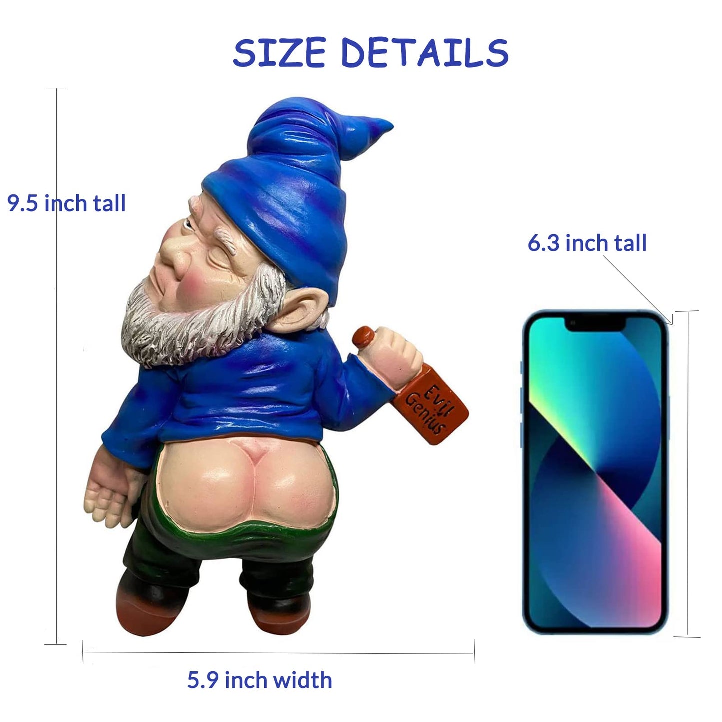MINICAR Funny Drunk Garden Gnome Statue 9.5 Inch - Indoor Home Office Figurine Decor Outdoor Yard Lawn Patio Sculpture Decoration, Naughty Gifts for Women Men, Blue